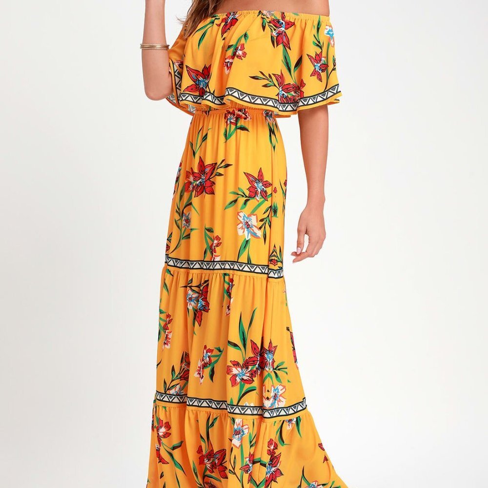 Cancun Cutie Yellow Floral Print Off-the-Shoulder Maxi Dress